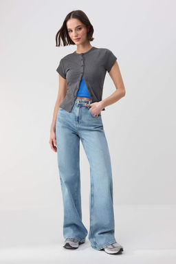 Trendyolmilla Wardrope Essentials Mavi D_k_ml_ Y_ksek Bel %100 Pamuk Wide Leg Jeans TWOSS26JE00122