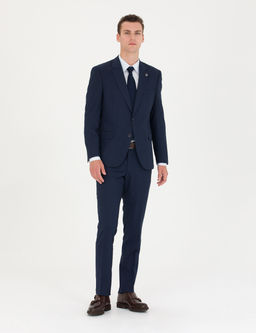 Kareli Lacivert Slim Fit Tak_m Elbise