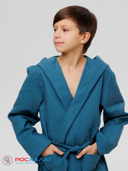 Подростковый вафельный халат с капюшоном темно-бирюзовый В-18 (23)