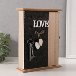 Ключница настенная Отпечаток листьев. Ключи и сердце, дерево, 6 крючков, чёрный, 6.5?20?26.5 см