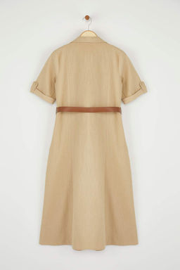 Trendyolmilla Haki Kemerli Keten Kar?s?ml? Cep Detayl? Midi Dokuma Gomlek Elbise TWOSS25EL00704  фото 15