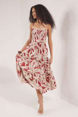 Trendyolmilla Kahverengi Cicekli Gipeli Maxi Dokuma Elbise TWOSS25EL00713