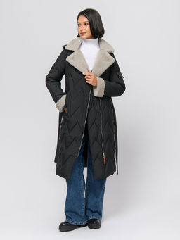 Пальто зимнее черного цвета с поясом и отложным воротником