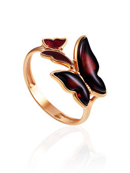 Кольцо с бабочками из вишнёвого янтаря с эмалью Апрель