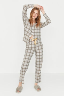 Trendyolmilla Bej %100 Pamuklu Ekoseli Orme Pijama Tak?m? THMAW20PT0266  фото 8