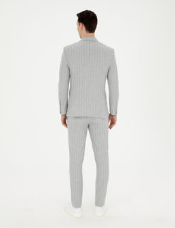 Gri Ekstra Slim Fit _izgili Kruvaze Tak_m Elbise