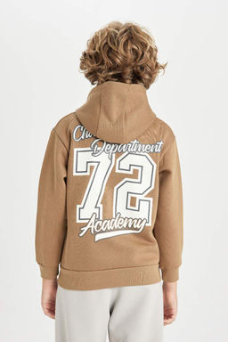 Коричневый толстый свитшот обычного кроя с капюшоном и карманами для мальчика - Defacto фото 6