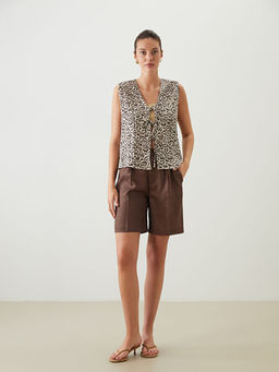 V Yaka Leopar Desenli Bluz