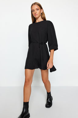 Siyah Kusakl? Duz Kesim Bisiklet Yaka Mini Dokuma Elbise TWOAW24EL00337