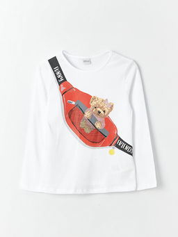 Bisiklet Yaka Bask?l? Uzun Kollu K?z ?ocuk Ti??rt