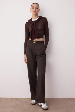 Koyu Kahverengi Wide Leg/Genis Paca Palazzo Pilili Dokuma Kumas Pantolon TWOAW22PL0475