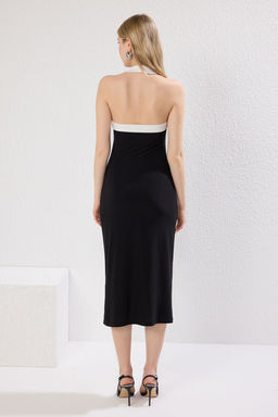 Siyah Duz Midi Boyundan Gecmeli Renk Bloklu Buzgulu Vucuda Oturan Esnek Orme Elbise TWOSS25EL00092 - Trendyolmilla фото 5