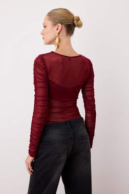 Koyu Bordo Astarl? Buzgu Detayl? Orme C?tc?tl? Tul Body TPRAW26BD00013 - Trendyolmilla фото 4