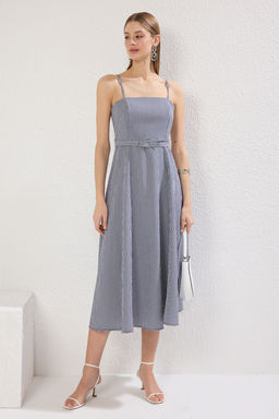 Lacivert Kemerli Potikareli A Kesim Midi Dokuma Elbise TWOSS25EL00296 - Trendyolmilla фото 2