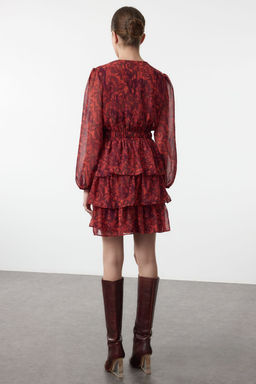 TRENDYOLMILLA Mavi Etnik Desen Skater/Belden Ac?lan Etegi Volanl? Mini Sifon Astarl? Dokuma Elbise TWOAW25EL00271  фото 5