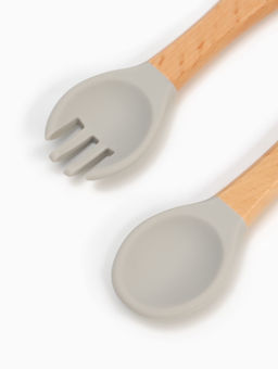 Тарелка детская секционная с ложкой и вилкой, 3 секции, серый, Mum&Baby