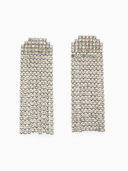 Серьги висячие со стразами Водопад мягкий квадрат, белые в золоте