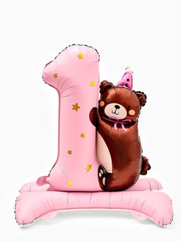 Цена за 2 шт. Воздушный шар фольгированный 32" "Цифра 1 с мишкой"  цвет розовый, под воздух