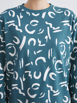B?y?k Beden Bisiklet Yaka Desenli Kad?n Sweatshirt Tunik