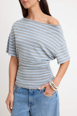 Gri Cizgili Fitted/Vucuda Oturan Kay?k Yaka Buzgulu Crop/K?sa Yumusak Orme T-shirt TWOSS26TS00286 - Trendyolmilla фото 3