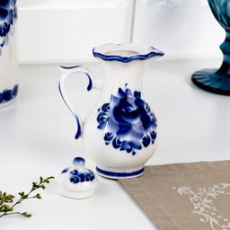 Набор для специй на подставке с молочником (питчером) «Весенний», 4 предмета, фарфор, гжель