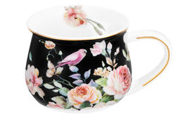 Кружка 250 мл 11,5*8,5*7 см Певчие птички на черном бочонок NEW BONE CHINA