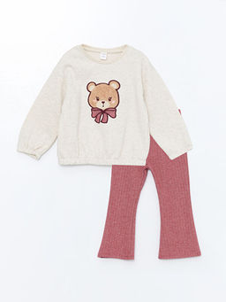 Bisiklet Yaka Uzun Kollu Nak??l? K?z Bebek Sweatshirt ve Tayt 2li Tak?m