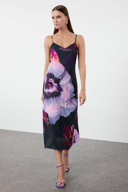 Lacivert Cicek Desenli Uste Oturmayan Midi Saten Dokuma Elbise TWOSS24EL00990 - Trendyolmilla фото 2