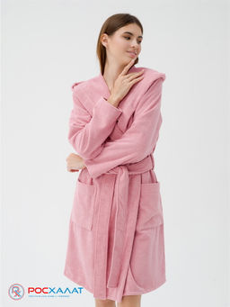 Махровый женский укороченный халат с капюшоном пудрово-розовый МЗ-01 (102)
