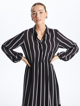 G?mlek Yaka ?izgili Uzun Kollu Elbise