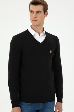 Erkek Slim Fit V Yaka Siyah Basic Kazak