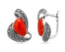 Серьги из серебра коралл, марказит, SL-AGA82