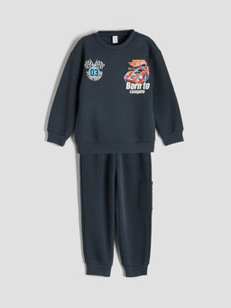 Bisiklet Yaka Bask?l? Erkek ?ocuk Sweatshirt ve E?ofman Alt 2li