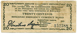 Банкнота 20 сентаво 1943 года Филиппины (Минданао, Администрация США)