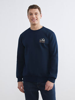 Bisiklet Yaka Bask?l? Erkek Kal?n Sweatshirt