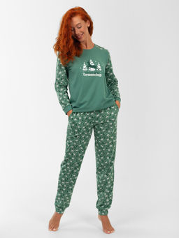 Пижама женская кулирка с брюками "ЗИМНИЙ ЛЕС" ЗЕЛЕНЬ
