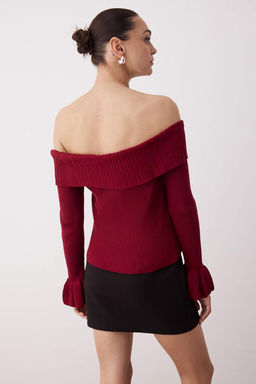 Bordo Fitted/Vucuda Oturan Carmen Yaka Fitilli Triko Kazak TWOAW26KZ00010 - Trendyolmilla фото 4