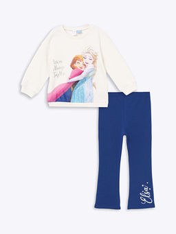 Bisiklet Yaka Elsa Bask?l? K?z ?ocuk Sweatshirt ve Tayt 2li Tak?m