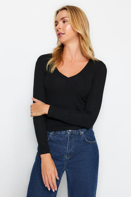 Siyah Premium Yumusak Kumasl? V Yaka Fitted/Vucuda Oturan Esnek Orme Bluz TWOAW24BZ00050