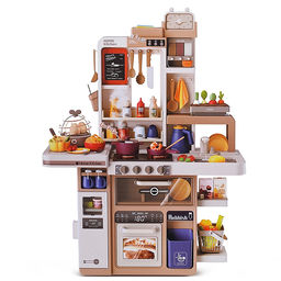 Игровой набор "Кухонный гарнитур" бежевый 88 предметов (свет, звук, пар, слив воды) в коробке