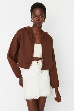 TRENDYOLMILLA Ekru Basic Fermuarl? Kapusonlu Crop Kal?n Ici Polarl? Orme Sweatshirt TWOAW20SW0660  фото 17