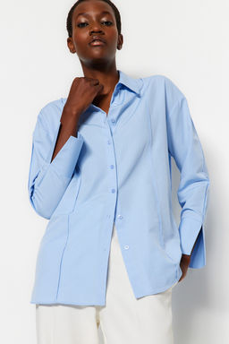 Ac?k Mavi Nervur Detayl? Kollar? Y?rtmacl? Oversize Genis Kesim Dokuma Gomlek TWOAW24GO00152
