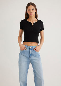 Dugmeli Siyah Basic Tisort - Mavi фото 3