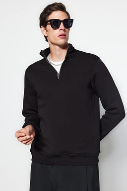 Siyah Regular/Normal Kesim Dik Yaka Fermuarl_ Pamuklu Basic __i Polarl_ Sweatshirt TMNAW24SW00041