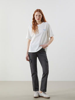 Bisiklet Yaka Bask?l? Oversize Kad?n Ti??rt
