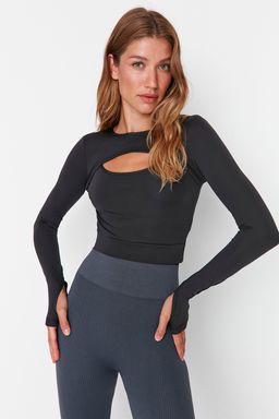Koyu Antrasit Crop Pencere/Cut Out ve Bas Parmak Delik Detayl? Orme Spor Ust/Bluz TWOAW22BZ0481