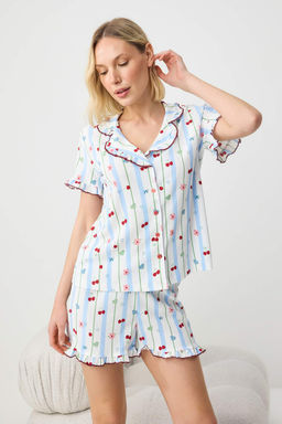 Beyaz-Mavi Eglenceli Desenli F?rf?rl? Burumcuk Orme Pijama Tak?m? THMSS26PT00226