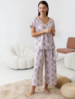 Брюки Vilatte кюлоты укороченные широкие на резинке из хлопка с принтом кофейные фото 4