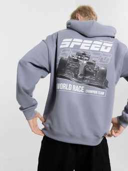 Худи мужское серое с принтом и надписью "world race"