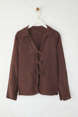 Kahverengi %100 Keten Baglama Detayl? Gomlek TWOSS26GO00046